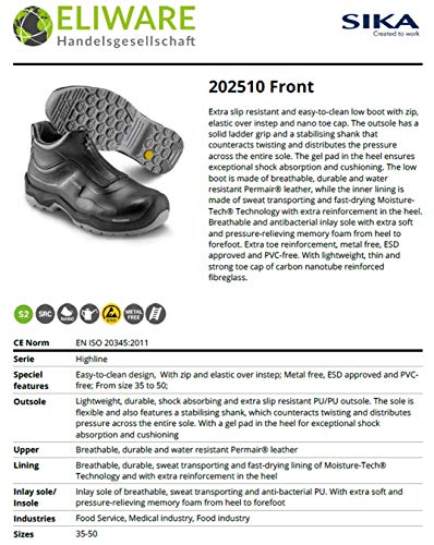 Sika 202510 S2 SRC - Zapatos de Seguridad para hostelería, restaurantes y comedores, Color Negro, Talla 41 EU