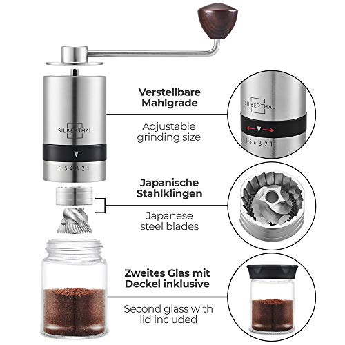 SILBERTHAL Molinillo de café manual | Molinillo de café profesional de mano acero inoxidable y vidrio | Moledor cafe manual regulable | Molinillo de cafe portatil | Coffe grinder