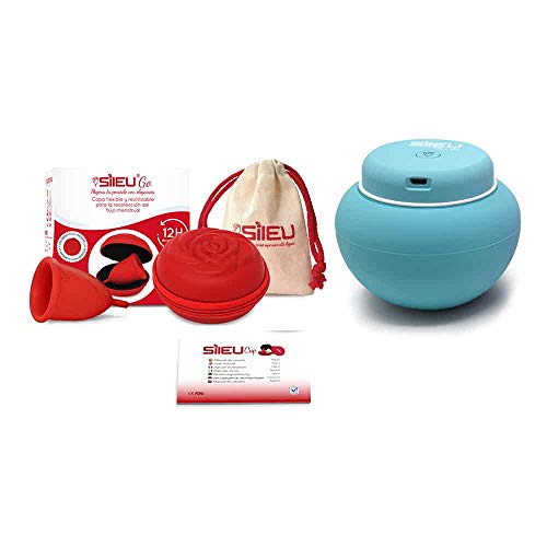 Sileu Travel Plus - Copa menstrual Sileu Rose, Talla L, Rojo, Flexibilidad Standard + Estuche en forma de flor Rojo, 8 cm + Esterilizador eléctrico recargable USB para copas menstruales, Azul