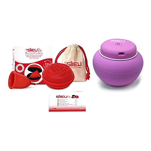 Sileu Travel Plus - Copa menstrual Sileu Rose, Talla L, Rojo, Flexibilidad Standard + Estuche en forma de flor Rojo, 8 cm + Esterilizador eléctrico recargable USB para copas menstruales, Morado