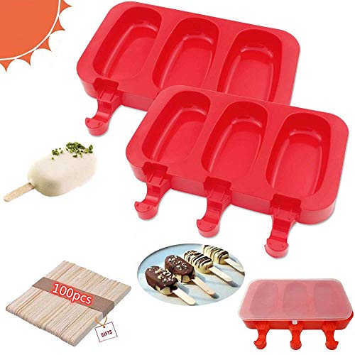 Silicona 3 cavidades Moldes de paletas Sin BPA,Bricolaje casero Ice Pop Moulds con tapas para niños,Pastel/Helado/Ice Lolly Maker Lanzamiento fácil (paquete de 2, con 100 palitos de helado)