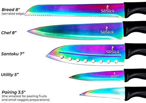 SiliSlick Juego de Inicio de Cocina Rainbow Knife (5 Cuchillos de Hoja Profesional de Grado Rainbow) | Incluye Afilador de Cuchillos y Colgador de Pared magnético