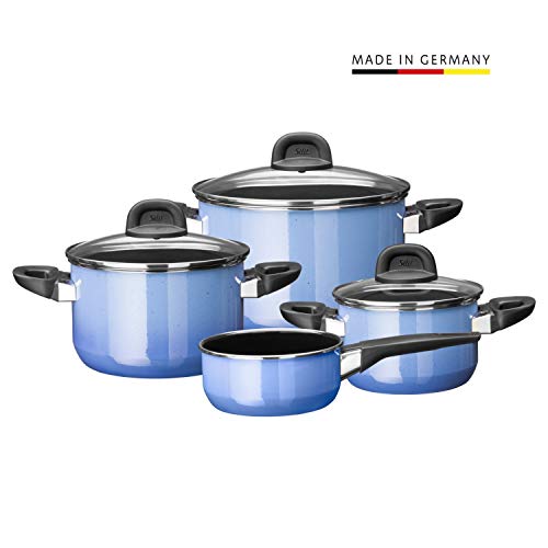 Silit 2109303992 Modesto-Batería de Cocina (4 Piezas, con Tapa de Cristal, cerámica Funcional Silargan, Borde de Reborde, inducción, Apta para lavavajillas), Color Azul