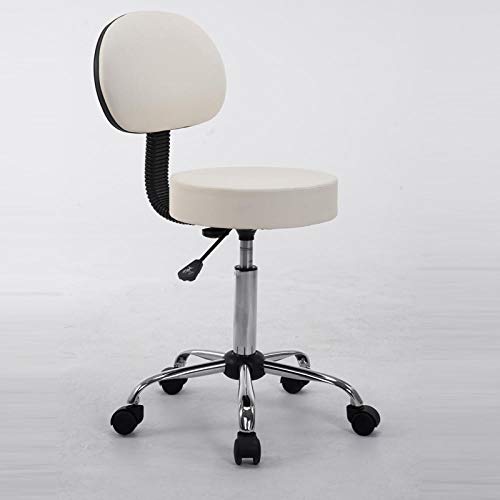 Silla Dental con Rueditas，Taburete Auxiliar de Peluqueria con Blanco PU Cuero Sintético Asiento，Altura Regulable 52-60 cm，160kg de Capacidad de Carga，Taburete Hidraulico con Respaldo para Clínica Den