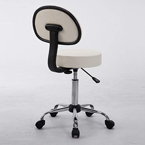 Silla Dental con Rueditas，Taburete Auxiliar de Peluqueria con Blanco PU Cuero Sintético Asiento，Altura Regulable 52-60 cm，160kg de Capacidad de Carga，Taburete Hidraulico con Respaldo para Clínica Den