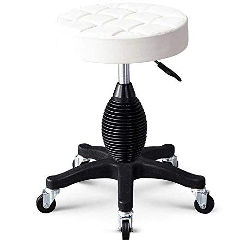 Silla Taburete Giratorio con Rueditas，Silla Dentista con Blanco PU Cuero Sintético Asiento，Altura Regulable 43-55 cm，160kg de Capacidad de Carga，Taburete Trabajo para Beauty Barber Tattoo Massage Dra