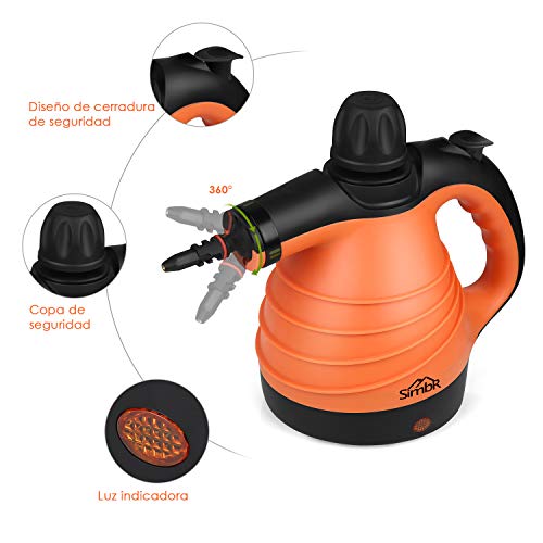 SIMBR Limpiador a Vapor de Mano Vaporeta Portátil y Manual de Alta Presión, 1050W con Tanque de 350ml y 9 Accesorios para Cocina, Baño, Alfonbra, Ropa, Cortina y Otros.