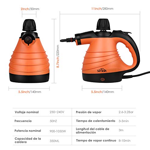 SIMBR Limpiador a Vapor de Mano Vaporeta Portátil y Manual de Alta Presión, 1050W con Tanque de 350ml y 9 Accesorios para Cocina, Baño, Alfonbra, Ropa, Cortina y Otros.