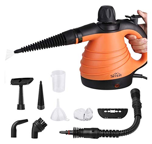 SIMBR Limpiador a Vapor de Mano Vaporeta Portátil y Manual de Alta Presión, 1050W con Tanque de 350ml y 9 Accesorios para Cocina, Baño, Alfonbra, Ropa, Cortina y Otros.