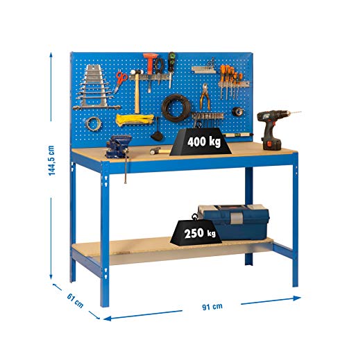 Simonrack 448100045159062 Banco de trabajo (1440 x 900 x 600 mm, 2 estantes y 1 panel perforado, 400 kg-250 kg) color azul/madera, 900 mm