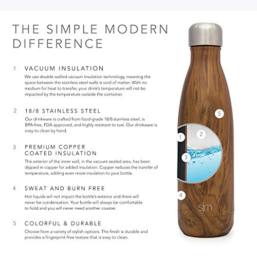 Simple Modern Wave 500ml Termo Botella Agua Acero Inoxidable, Botella Termica Mantiene el Frio por 24 Horas Aislada al Vacío Doble Pared para Deporte café o Viaje Diseño: Grano de Madera