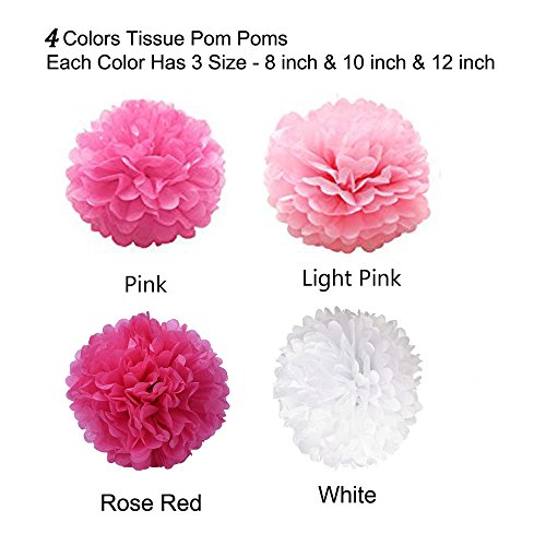 Simuer - Juego de 12 pompones colgantes para decoración de bodas, cumpleaños, fiestas, color blanco, rosa, rosa claro y rojo rosa), 20,3 cm