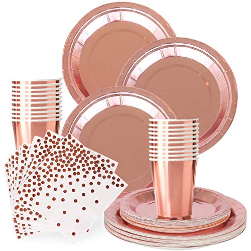 SIMUER - Vajilla de oro rosa, platos de papel de oro rosa, servilletas de cóctel para suministros de fiesta de cumpleaños, bodas, despedidas de soltera, 20 invitados