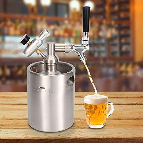 Sistema de mini barril de cerveza a presión: grifo de cultivo de acero inoxidable 2L, kit dispensador de mini barril portátil, con un medidor de presión de nivel 1 para cerveza artesanal Homebrew