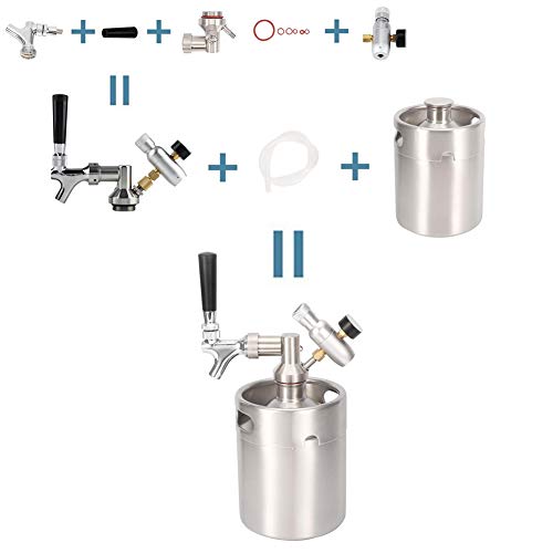 Sistema de mini barril de cerveza a presión: grifo de cultivo de acero inoxidable 2L, kit dispensador de mini barril portátil, con un medidor de presión de nivel 1 para cerveza artesanal Homebrew