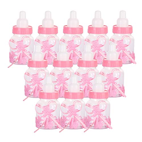 Siumir Biberón de Plástico Mini Botella de Caramelo Caja de Regalo 12 PCS para Fiesta de Baby Shower, Cumpleaños Fiesta (Rosa)