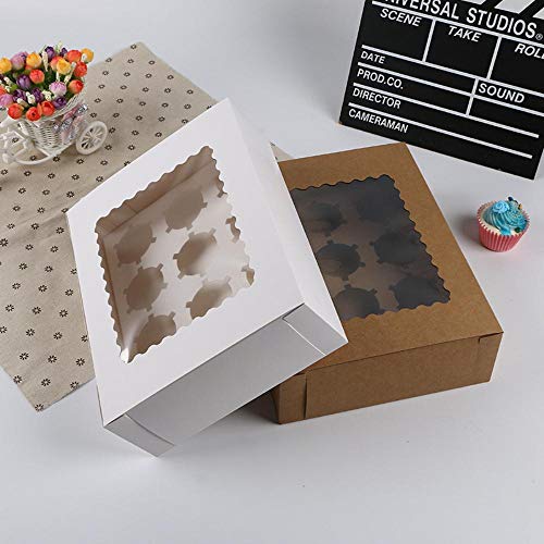 SJYM 5pcs 12 Cup Muffin Cupcake Box con Bandeja de Pastel Kraft Paper Cake Box Boda Fiesta de cumpleaños Postre Caja de Embalaje, Marrón, 5pcs