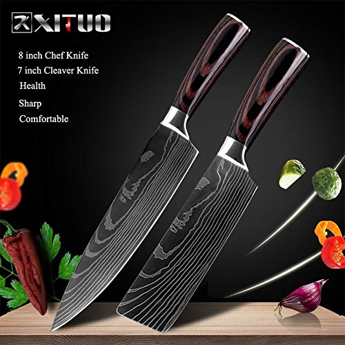 SJZS Cuchillo de Cocina de 8" Pulgadas Modelo japonés Cuchillos de Cocina láser Damasco Chef Santoku Cuchillo Afilado Cleaver rebanar Cuchillos Herramienta EDC (Color : 2 PCS Value Set)