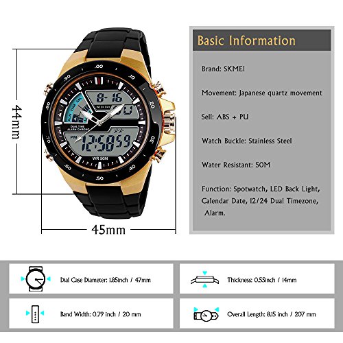 SKMEI - hombre reloj deportivo digital con LED luz de fondo grande cara resistente al agua militar relojes casuales luminoso cronómetro alarma reloj simple militar – dorado