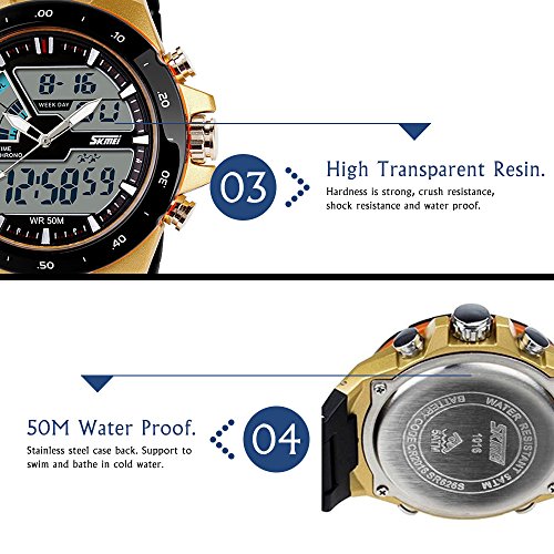 SKMEI - hombre reloj deportivo digital con LED luz de fondo grande cara resistente al agua militar relojes casuales luminoso cronómetro alarma reloj simple militar – dorado