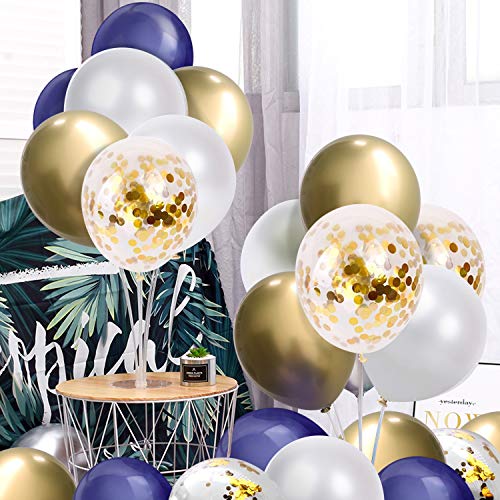 SKYIOL Globos Helio Azul Blanco Oro 50 Piezas 30 cm Metalizado Confeti Globo para Niños Unisex Decoración de Fiesta Celebración Cumpleaños Boda Bebé Bautizo Día de San Valentín Navidad, Set 4