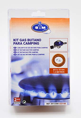 S&M 322150 Kit Regulador de Gas para bombona de butano de Camping + Tubo 1,5 Metros +2 Arandelas, Gris/Naranja, Estándar