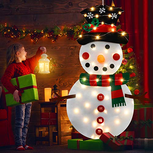 Smart Nice 23 Pcs Fieltro Navidad Muñeco de Nieve,3.28ft DIY Fieltro Adornos Manualidades la Pared con 50 LED Luces de Navidad Ornamentos Desmontables Arbol de Fieltro con Gorro navideño para Niños