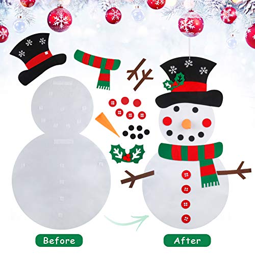 Smart Nice 23 Pcs Fieltro Navidad Muñeco de Nieve,3.28ft DIY Fieltro Adornos Manualidades la Pared con 50 LED Luces de Navidad Ornamentos Desmontables Arbol de Fieltro con Gorro navideño para Niños