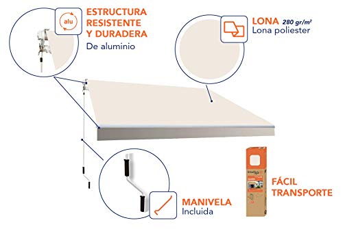 SmartSun Classic Toldo Completo 3x2m Color Crudo Lona poliéster. Toldo terraza, jardín, Balcon