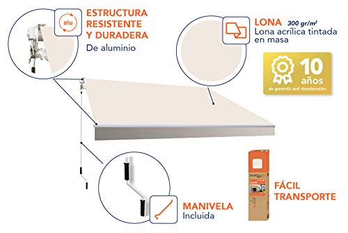 SmartSun Classic Toldo Completo 4x2,5m Color Crudo Lona acrílica. Toldo terraza, jardín, Balcon