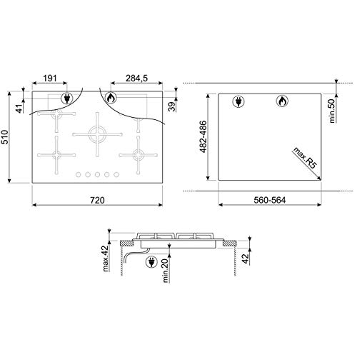 Smeg PV175S2 hobs Acero pulido Integrado Encimera de gas - Placa (Acero pulido, Integrado, Encimera de gas, Vidrio, 1100 W, Alrededor)