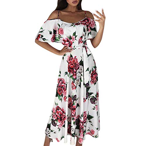 SMILEQ Vestido de Las Mujeres de Moda de Manga Corta con Estampado Floral Falda de Tiras cóctel Vestido de Baile Vestido de Tirantes (L, Blanco)