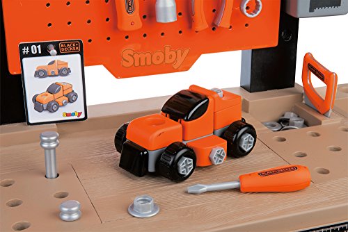 Smoby-Black + Decker Black & Decker-Bricolo Center Taller Banco Herramientas Infantil-función Clavo Sube y Baja-más de 90 Piezas-Incluye Coche para Construir 360701, Color Negro y Rojo