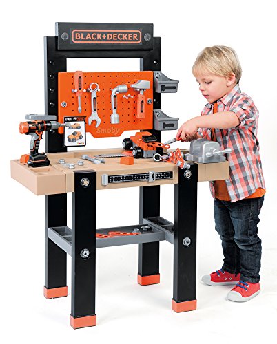 Smoby-Black + Decker Black & Decker-Bricolo Center Taller Banco Herramientas Infantil-función Clavo Sube y Baja-más de 90 Piezas-Incluye Coche para Construir 360701, Color Negro y Rojo