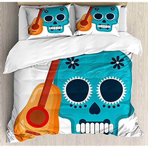 Snbin Juego de Funda nórdica Day of The Dead, México Calavera de azúcar y Guitarra, Juego de Cama de 3 Piezas con 2 Fundas de Almohada, Blanco Azul petróleo Naranja