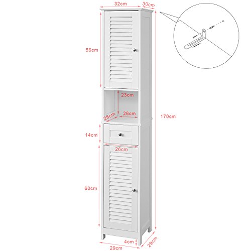 SoBuy Armario para baño Alto Mueble Columna de baño estanterías de baño-2 Puertas y 1 cajón FRG236-W,ES