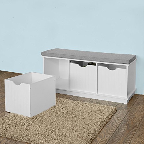 SoBuy® FSR30-W - Banco zapatero para almacenamiento con cojín y 3 cubos, mueble para la entrada