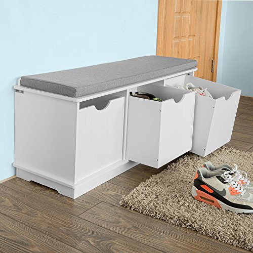 SoBuy® FSR30-W - Banco zapatero para almacenamiento con cojín y 3 cubos, mueble para la entrada