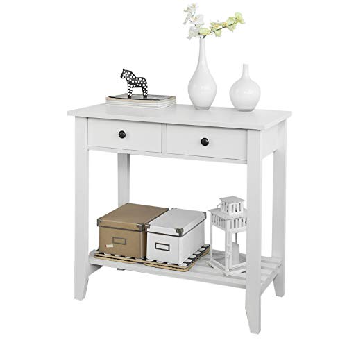 SoBuy Mesa Auxiliar con 2 Cajones y Tablero o Estante, Consola Mesa Madera Escritorio Blanco, Carro de Cocina, FSB04-W, ES