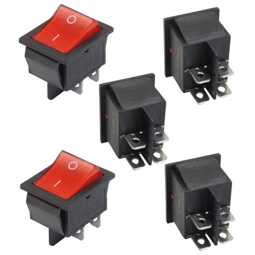 SODIAL(R) 5 x Interruptor Basculante Luz Iluminado Rojo On/Off DPST 16A/250V 20A/125V CA