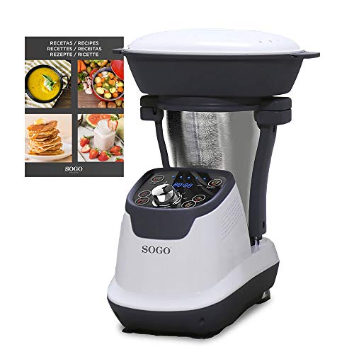 SOGO SS-14545 Robot de Cocina Multifunción, Con Libro de Recetas, Jarra Acero Inoxidable 1,75 Litros, Vaporera 2 Litros, 1200 W, Libre de BPA