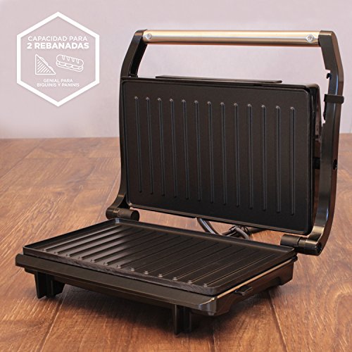 SOGO: SS-7122 Sandwichera, Panini Press Plancha Grill, Parrilla Eléctrica de 750W, Superficie Anti-Adherente de 23cm x 14cm, Color: Negro.