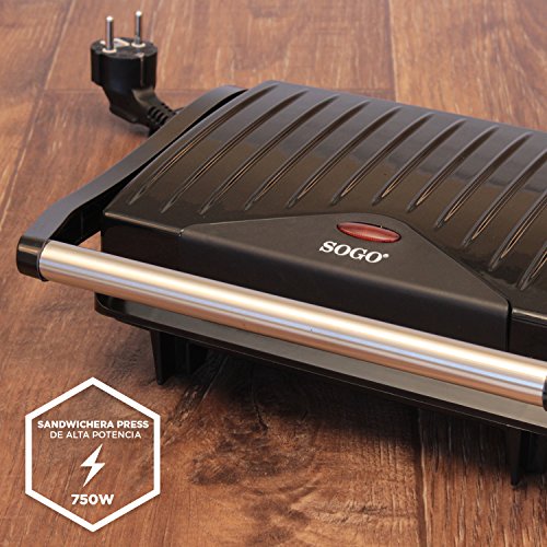 SOGO: SS-7122 Sandwichera, Panini Press Plancha Grill, Parrilla Eléctrica de 750W, Superficie Anti-Adherente de 23cm x 14cm, Color: Negro.