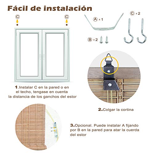 Solagua 6 Modelos 14 Medidas de estores de bambú Cortina de Madera persiana Enrollable (135 x 175 cm, Marrón)