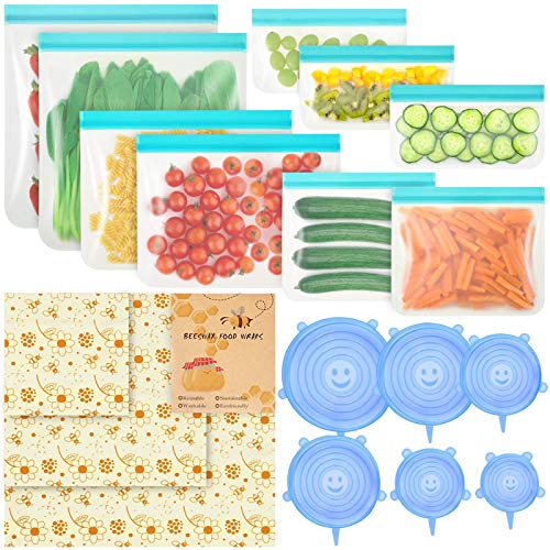 SOLEDI Juego De Preservación de Alimentos de 18 Piezas Bolsas de PevaX9pcs, Funda de Silicona x6pcs, Tela de Cera de Abejas x3pcs (Grande, Mediana y Pequeña), Un Clip Blanco