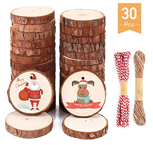 SOLEDI Rodajas De Madera 30 Piezas De 5-6 cm Con Agujero y Superficie Lisa Los Círculos De Madera Incluyen Caja De Papel Kraft, Manualidades Hechas a Mano Perfectas y Adornos De Halloween