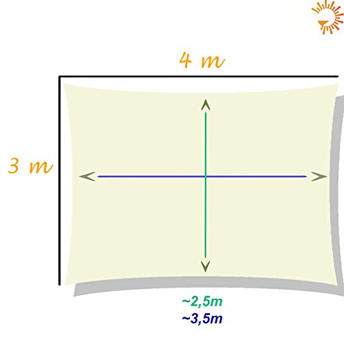 Solennoire, Vela De Sombra | Toldo Suspendido Impermeable | Lona 100% Poliéster | Sombreado 98% - Protección UV 99% | Cuerdas de Fijación & Anillos de Acero Inoxidable | Talla y Color  (3x4m, Beige)
