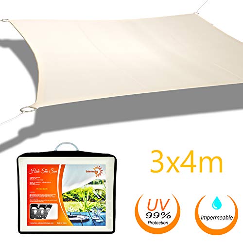 Solennoire, Vela De Sombra | Toldo Suspendido Impermeable | Lona 100% Poliéster | Sombreado 98% - Protección UV 99% | Cuerdas de Fijación & Anillos de Acero Inoxidable | Talla y Color  (3x4m, Beige)