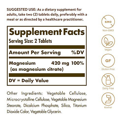 Solgar Citrato de Magnesio, Función Muscular y Reducción de la Fatiga, Apto para Veganos, 120 Comprimidos