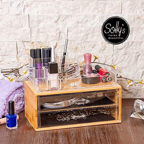 Solly´s Ella Cosméticos Organizador de Bambú y Acrílico Maquillaje y Joyería para Almacenamiento